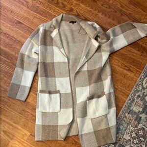 Plaid Open Front Cardigan Sweater - Beige and White